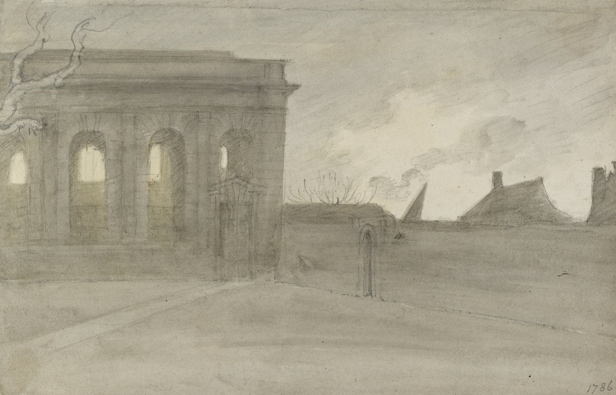 Pembroke Coll. Oxon., 9. november 1786 (grå og bistre skyller over grafit) af John Baptist Malchair