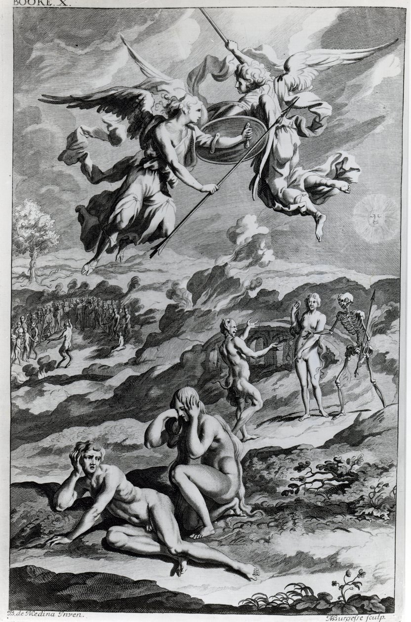 Adam og Eva efter syndefaldet, illustration fra John Miltons "Paradise Lost", graveret af Michael Burghers, sjette udgave 1695 af John Baptist de Medina
