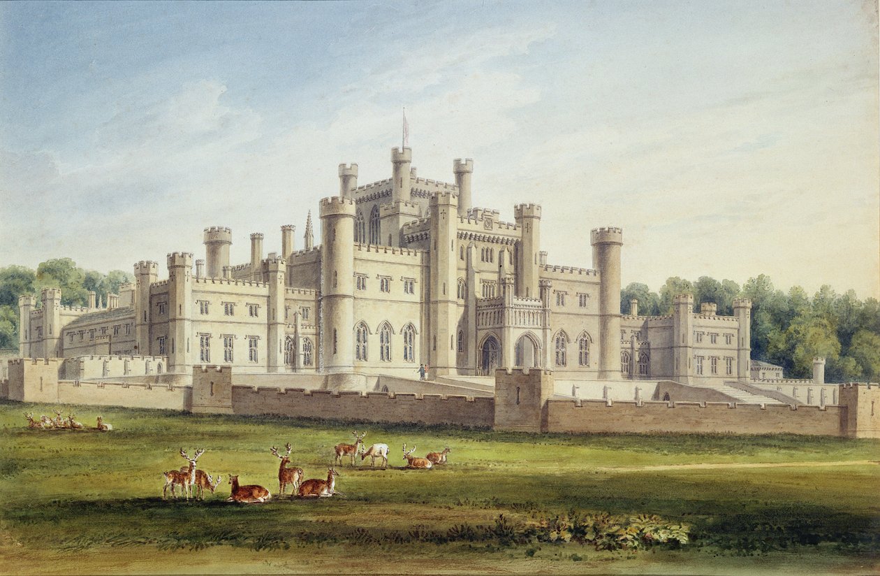Nordøst udsigt over Lowther Castle, Westmoreland, sæde for jarlen af Lonsdale, 1814 af John Chessell Buckler