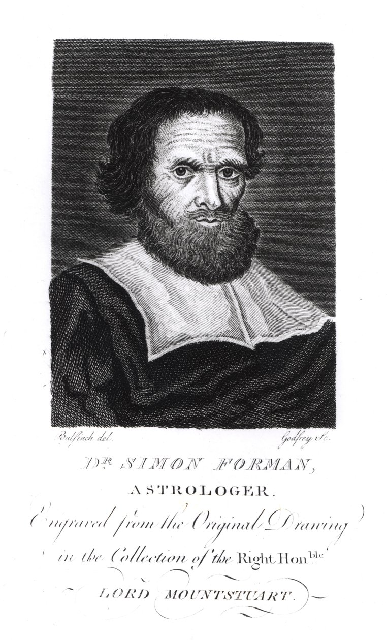 Portræt af Dr. Simon Forman (1552-1611) indgraveret af Godfrey (bw foto) af John Bulfinch
