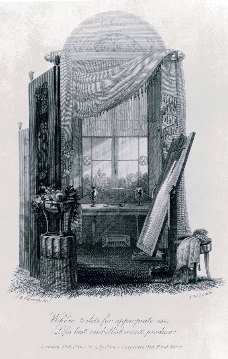 Design til Gercian Furniture (omklædningsrum) af J B Papworth fra The Social Day af Peter Coxe, 1823, gravering af John Buonarotti Papworth