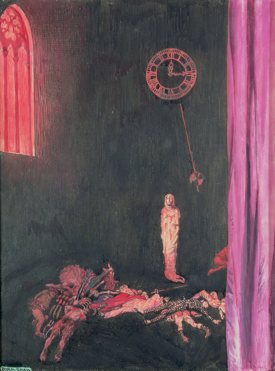 Mørket og forfaldet og den røde død herskede ubegrænset over alle, illustration til "Den røde dødsmaske" fra "Selected Tales of Mystery" af Edgar Allan Poe, 1909 (wc und gouache på maling) af John Byam Liston Shaw