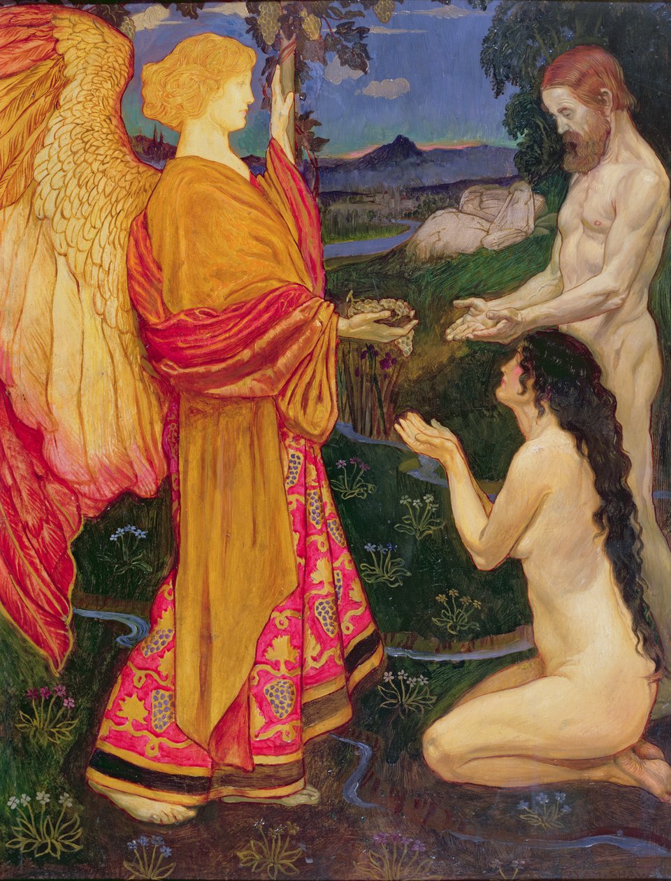 Englen, der ofrer frugterne af Edens have til Adam og Eva af John Byam Liston Shaw