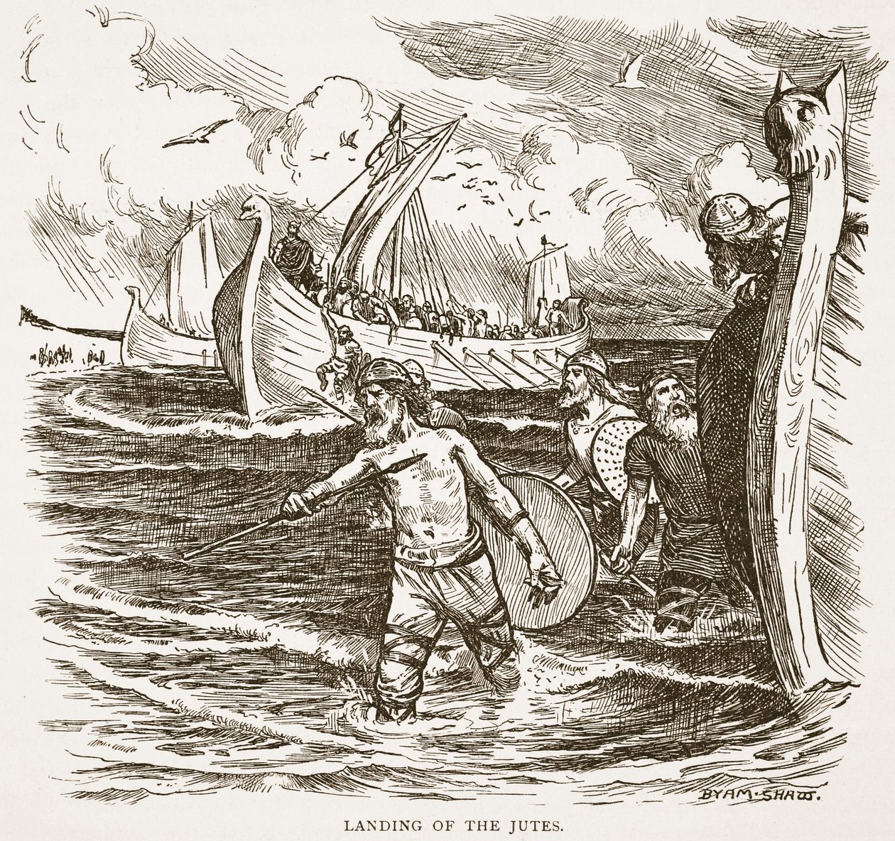 The Landing of the Jutes at Isle of Thanet, Kent, England, 449 AD, illustration fra 