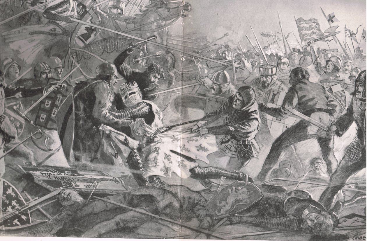 Philip angreb igen og igen, indtil han blev trukket af sin hest af det engelske infanteri, illustration fra "British Battles on Land and Sea", udgivet af Cassell, London, ca. 1910. af John Cameron