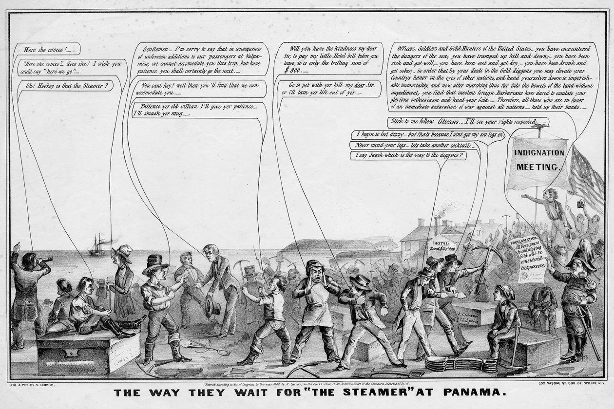 Måden de venter på The Steamer at Panama, udgivet af N Currier, New York, 1849 af John Cameron