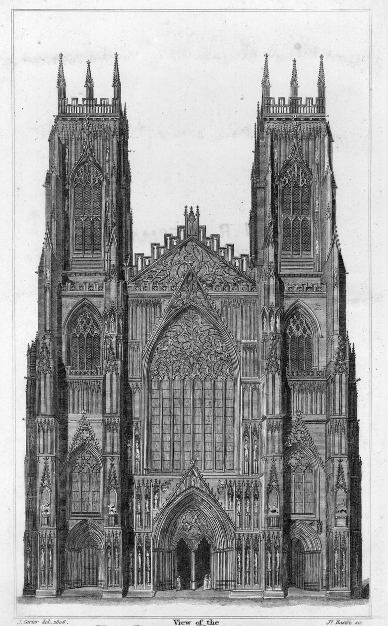 Udsigt over vestfronten af York Cathedral, indgraveret af James Basire II, 1806 af John Carter