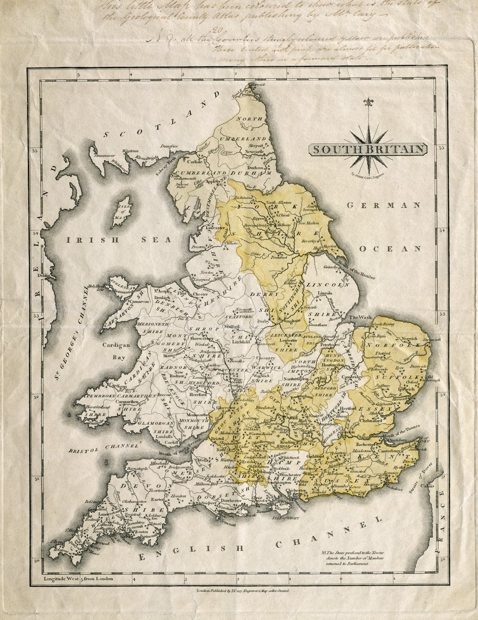 Kort over det sydlige Storbritannien, farvet for at vise geologiske interesseområder, kommenteret af William Smith (1769-1839) af John Cary