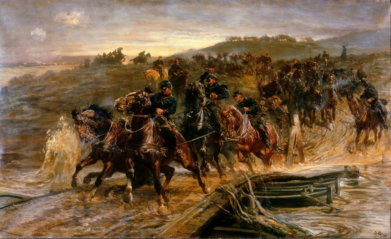 Fransk artilleri krydser den oversvømmede Aisne og redder kanonerne, 1915 af John Charlton