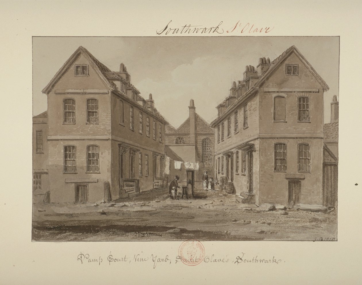 Udsigt over en figur, der samler vand i Pump Court, Vine Yard, Bermondsey, 1828 (vask på papir) af John Chessell Buckler
