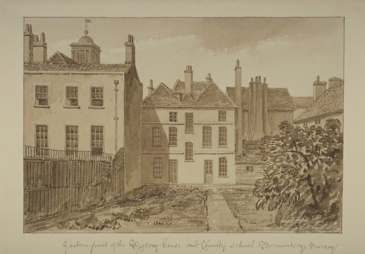 Udsigt over præstegården og Charity School of St Mary Magdalen, Bermondsey, 1828 (vask på papir) af John Chessell Buckler