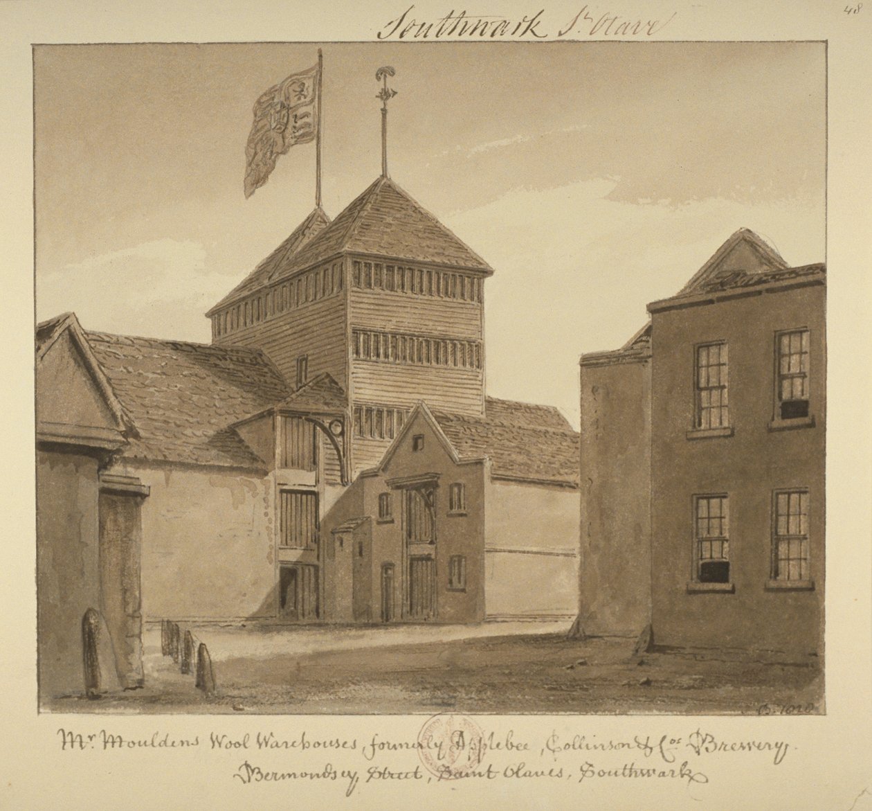 Udsigt over uldlagre i Bermondsey Street, 1828 (vask på papir) af John Chessell Buckler