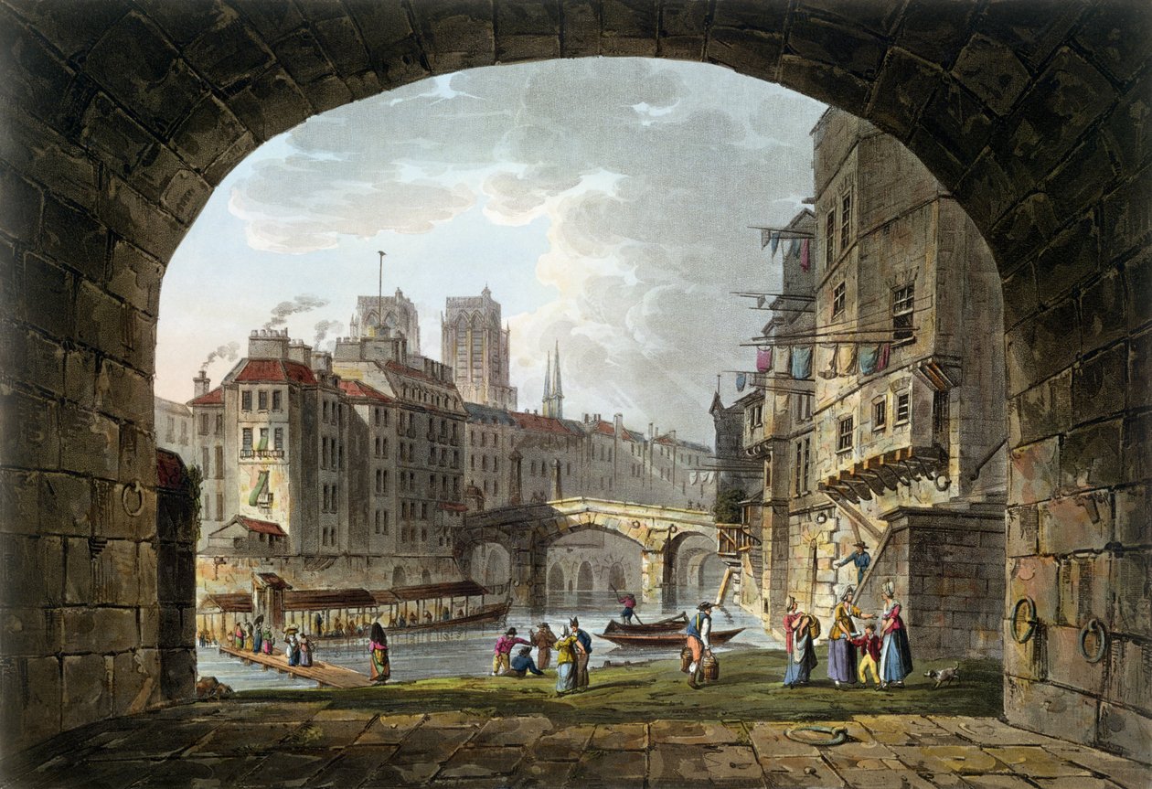 Udsigt over Pont du Chatelet og Notre-Dame-katedralen, 1810 af John Claude Nattes
