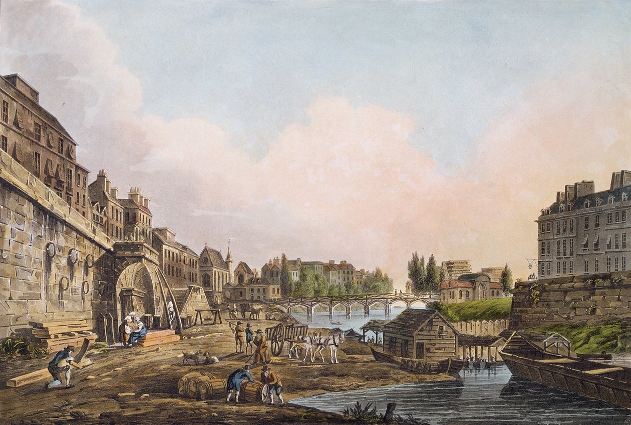 Udsigt over Seinen fra under en bue af Pont Notre-Dame, 1805 (farvet akvatint) af John Claude Nattes