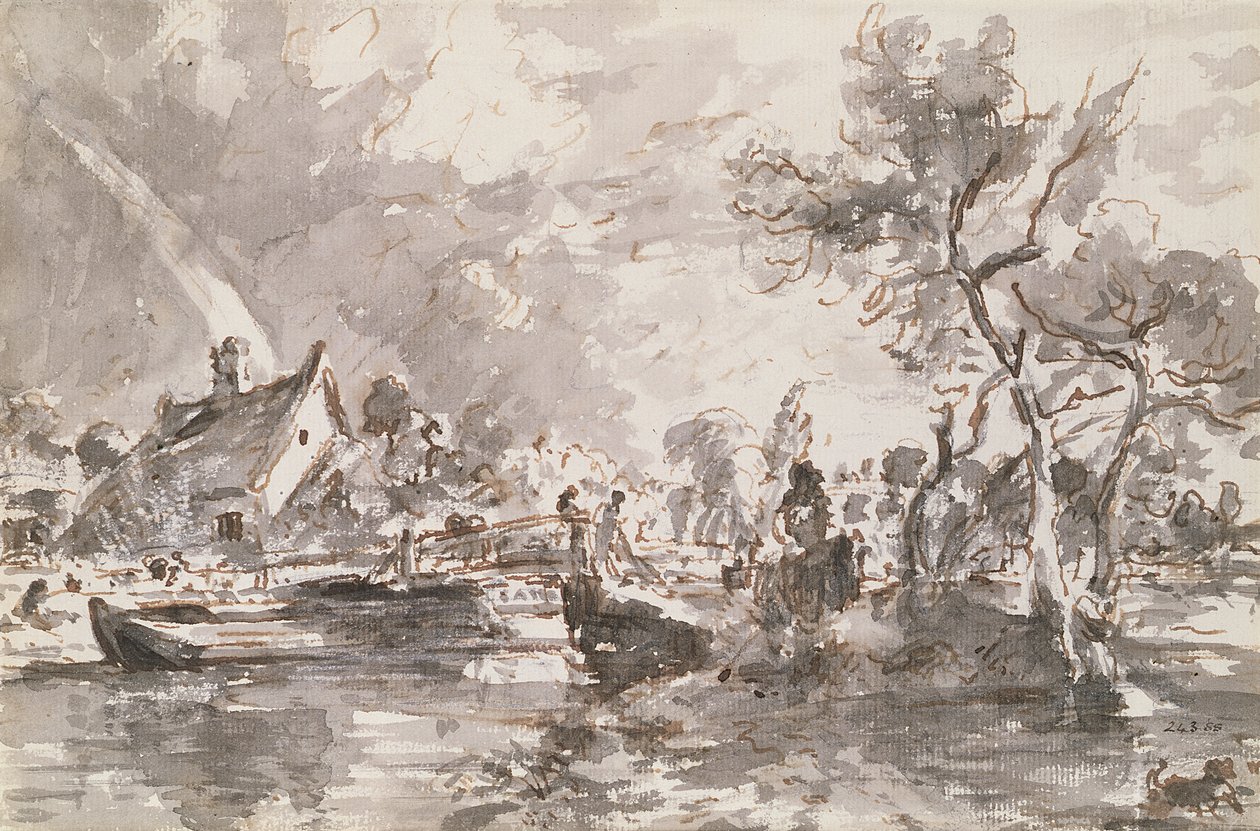 Flatford Old Mill Cottage ved Stour, pen og vask af John Constable
