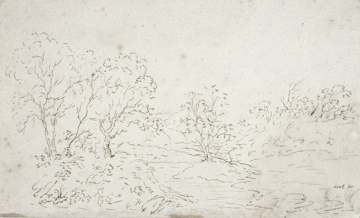 Landskab: en bæk, der løber mellem træer (tegning) af John Constable
