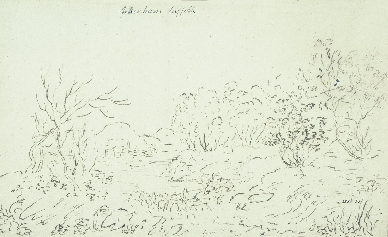 Landskab med et vandløb ved Wenham, 1796 (pen og blæk) af John Constable