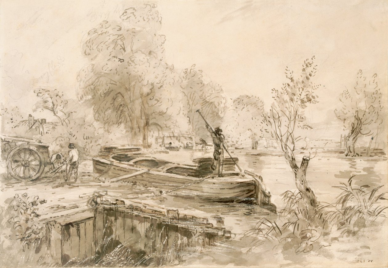 Mænd læsser en pram på Stour, 1827 (blyant, pen og grå vask på papir) af John Constable