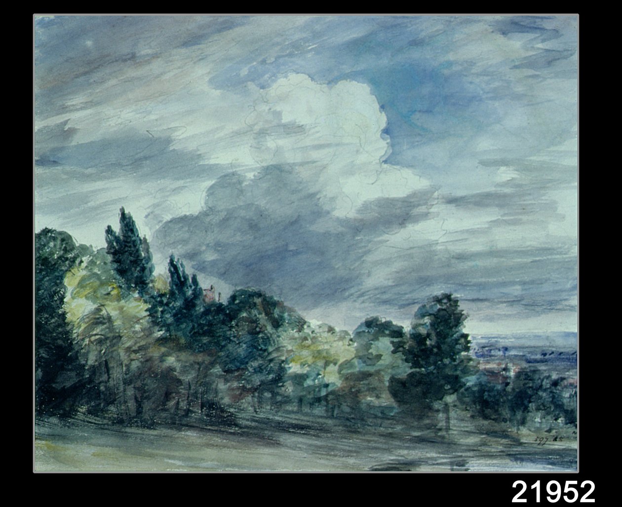 Udsigt over et vidt landskab med træer i forgrunden, september 1832 (akvarel på papir) af John Constable