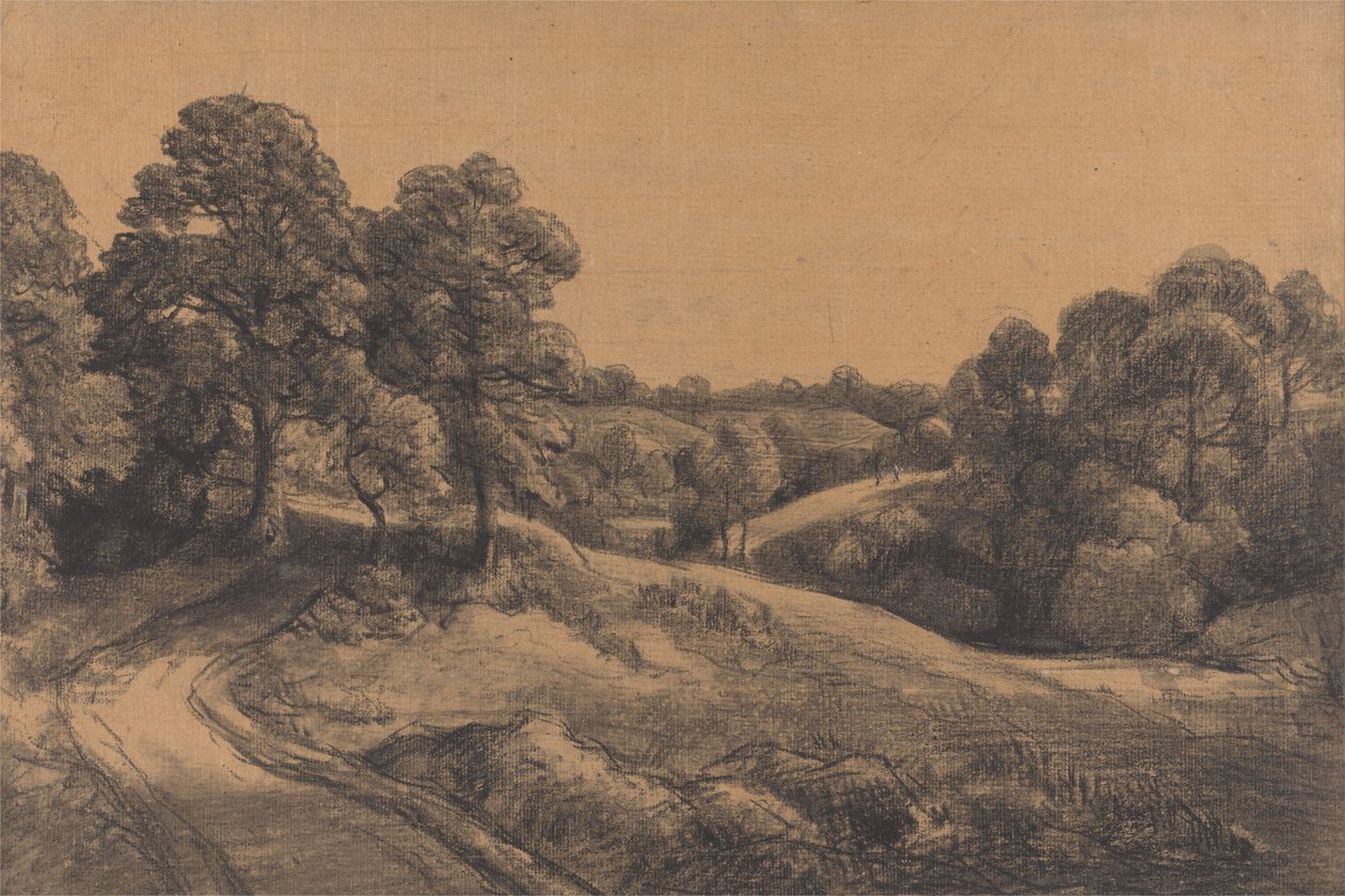 Skovklædt skråning med en tilbagegående vej af John Constable