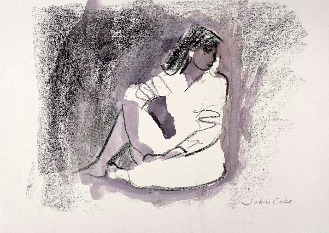 Siddende figur, 1999 (vokskridt og vask på papir) af John Cooke