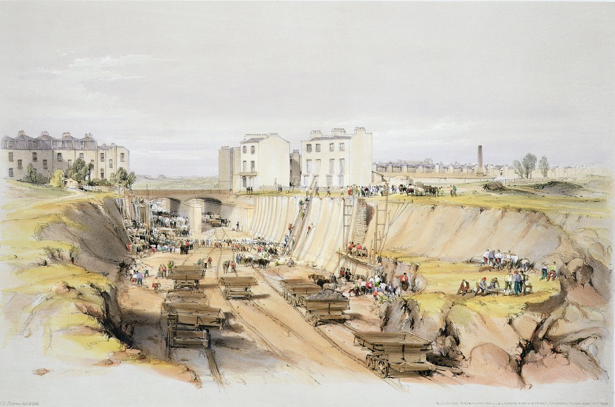 Opførelse af støttemuren nær Park Street, Camden Town, 17. september 1836, graveret af kunstneren, 1838 af John Cooke Bourne