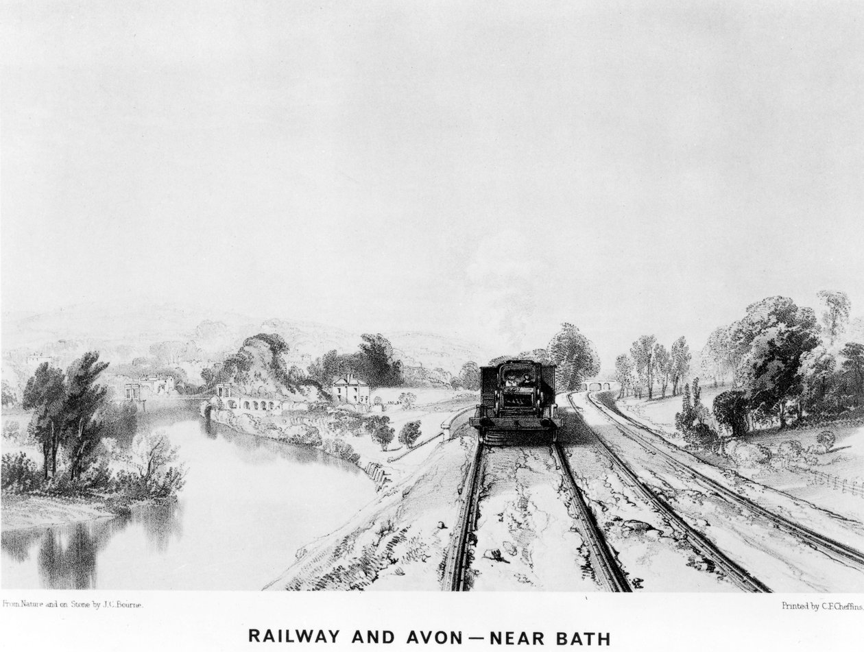 Railway and Avon, nær Bath, trykt af C. F. Cheffins, 1843 af John Cooke Bourne