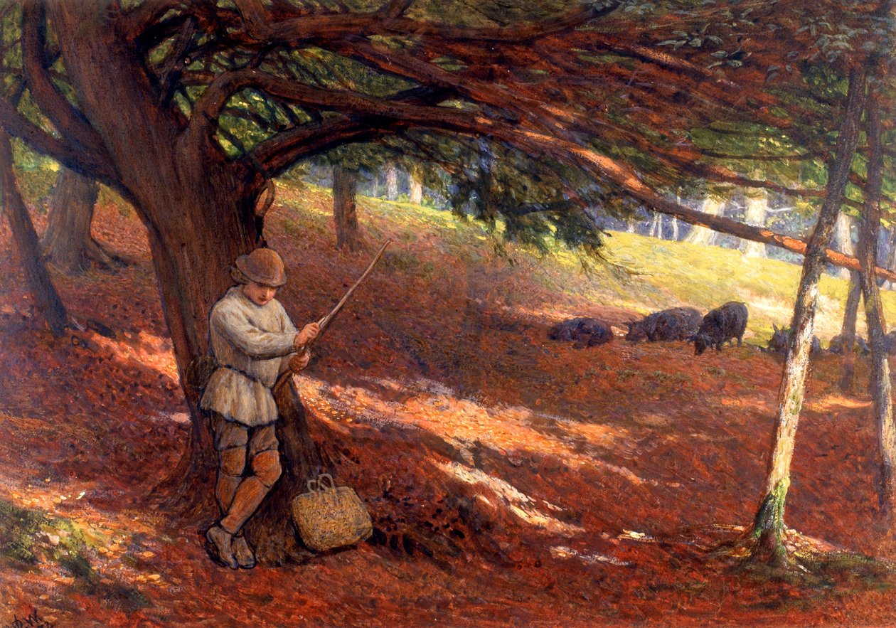 Svinehyrden (farve på papir (klistret på pap)) af John Dawson Watson