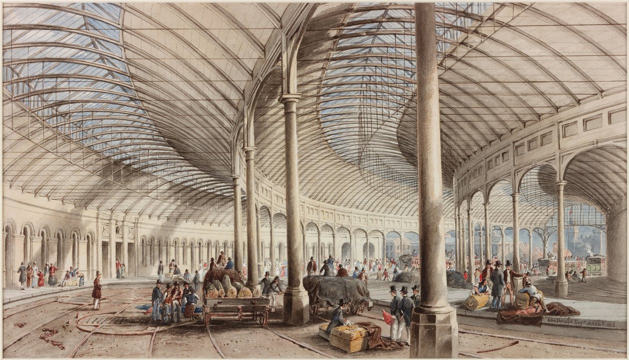 Interiør af hovedbanegården, Newcastle upon Tyne (bc, blyant og wc på papir) af John Dobson