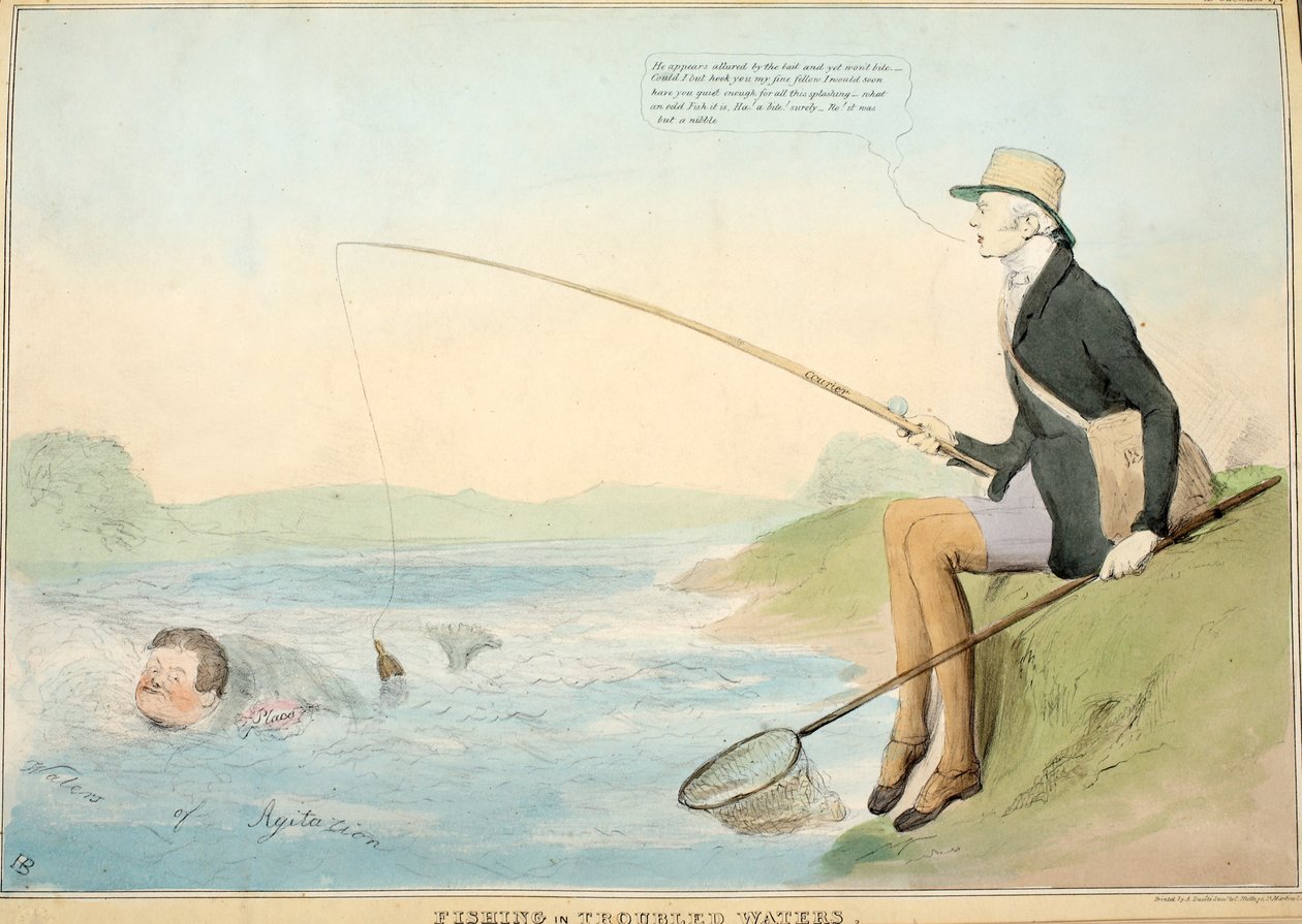 Fiskeri i oprørt vand, pub. 1832 (håndfarvet radering) af John Doyle