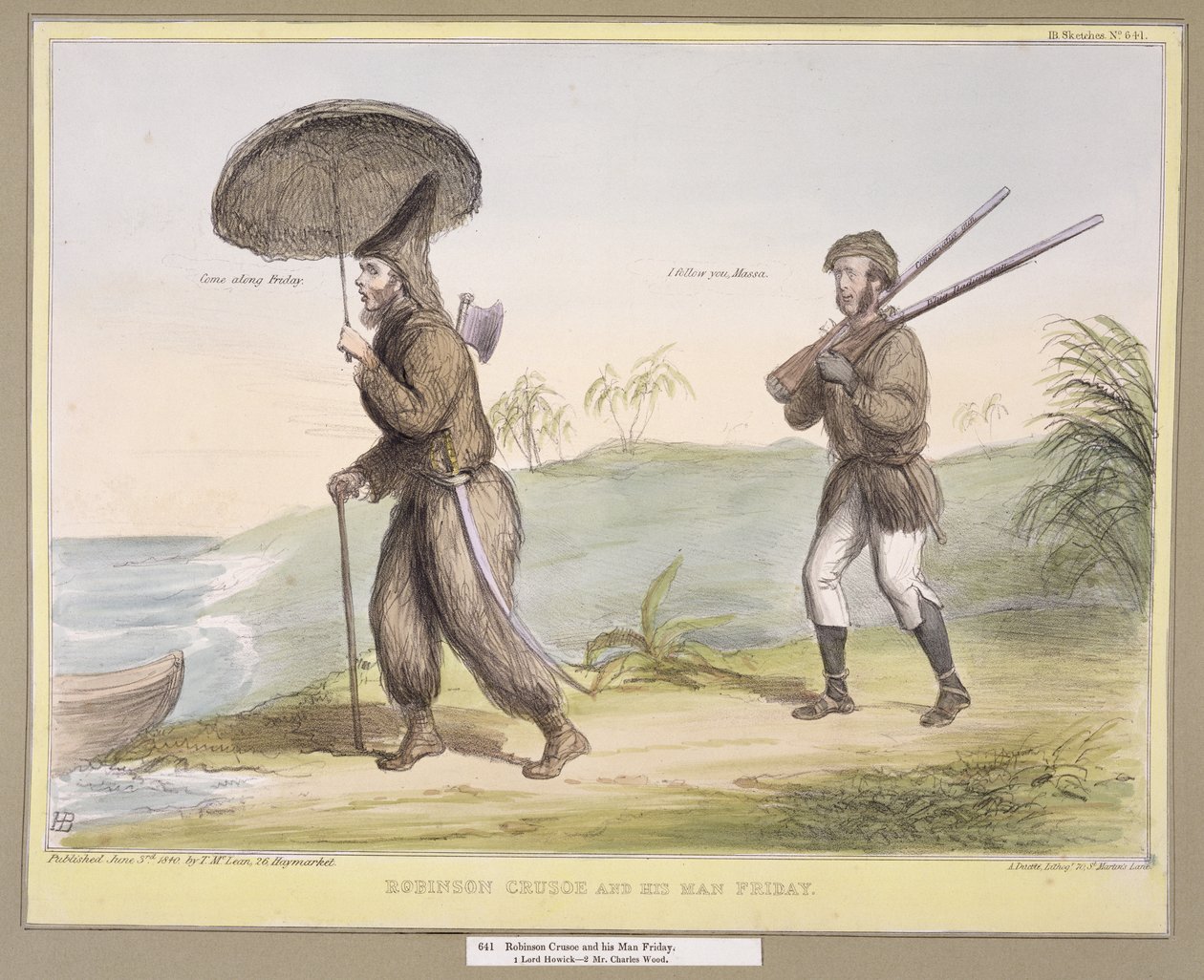 Robinson Crusoe and his Man Friday, (HB Sketches No. 641) udgivet den 3. juni 1840 af John Doyle