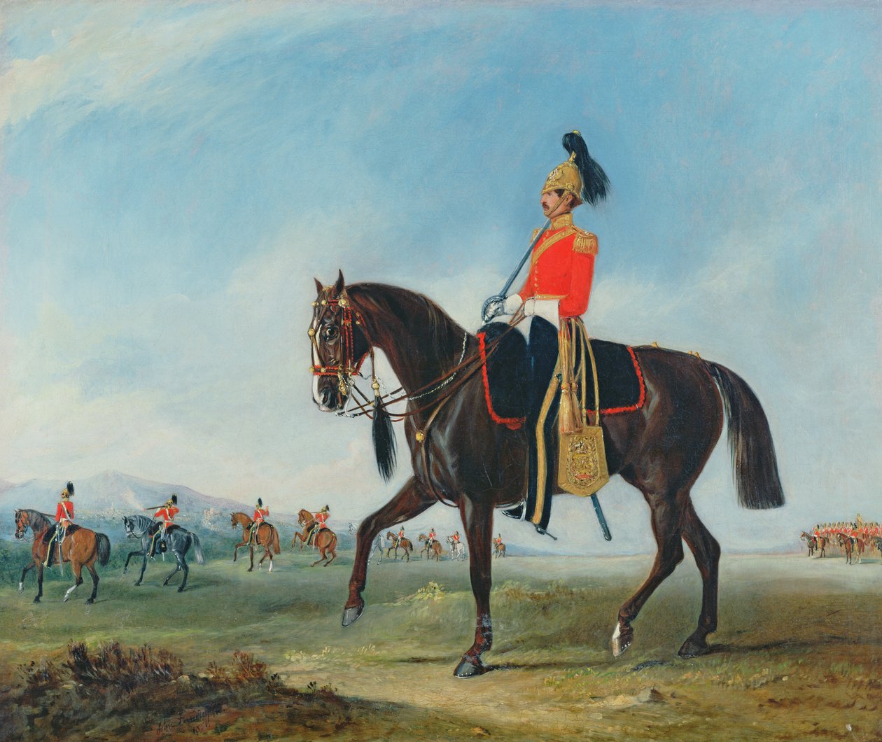 Portræt af en officer fra 3rd Dragon Guards med andre medlemmer af regimentet hinsides af John E. Ferneley