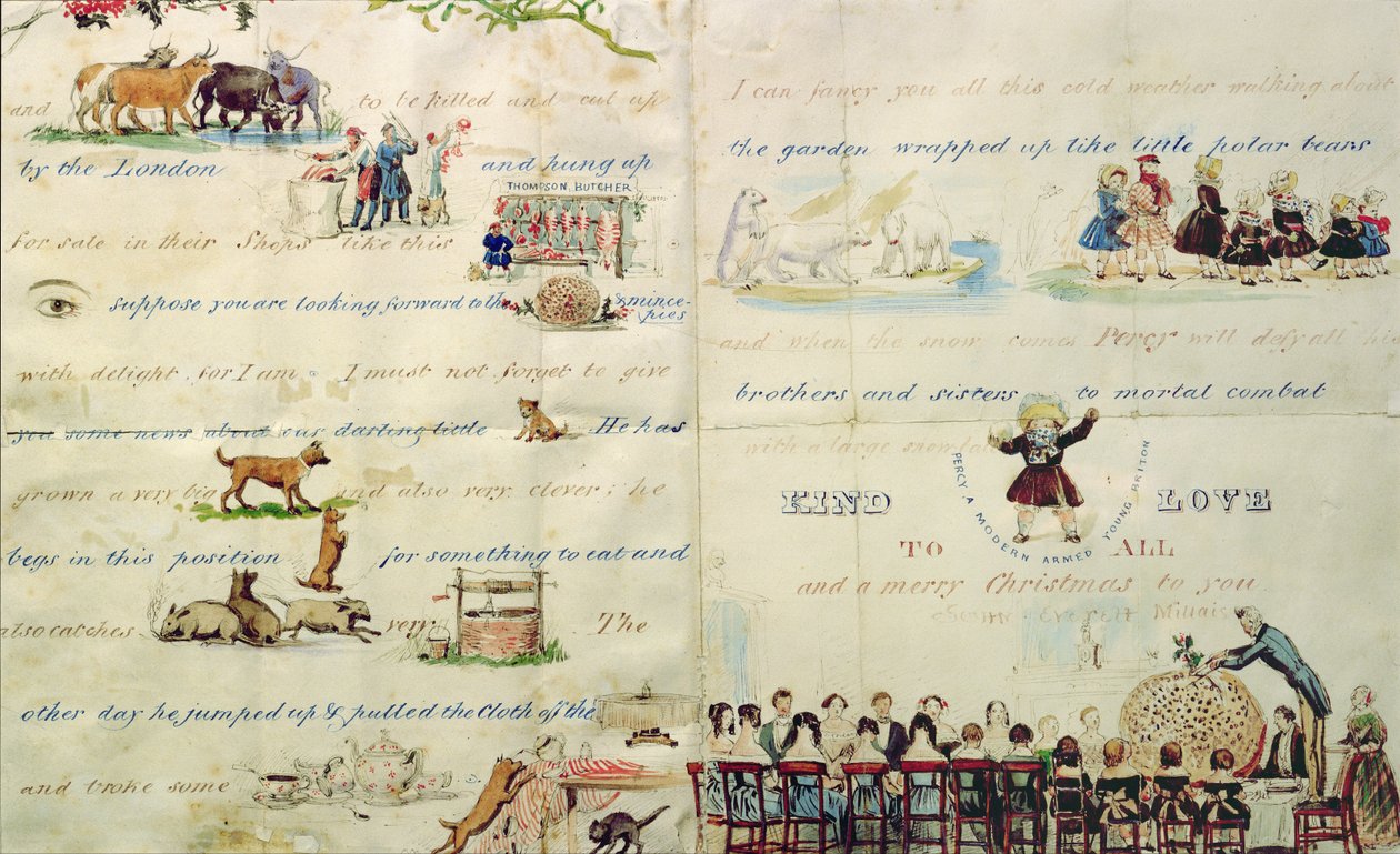 Et julebrev skrevet med piktogrammer (pen og blæk og wc på papir) (se 199384 for brevets begyndelse) af John Everett Millais