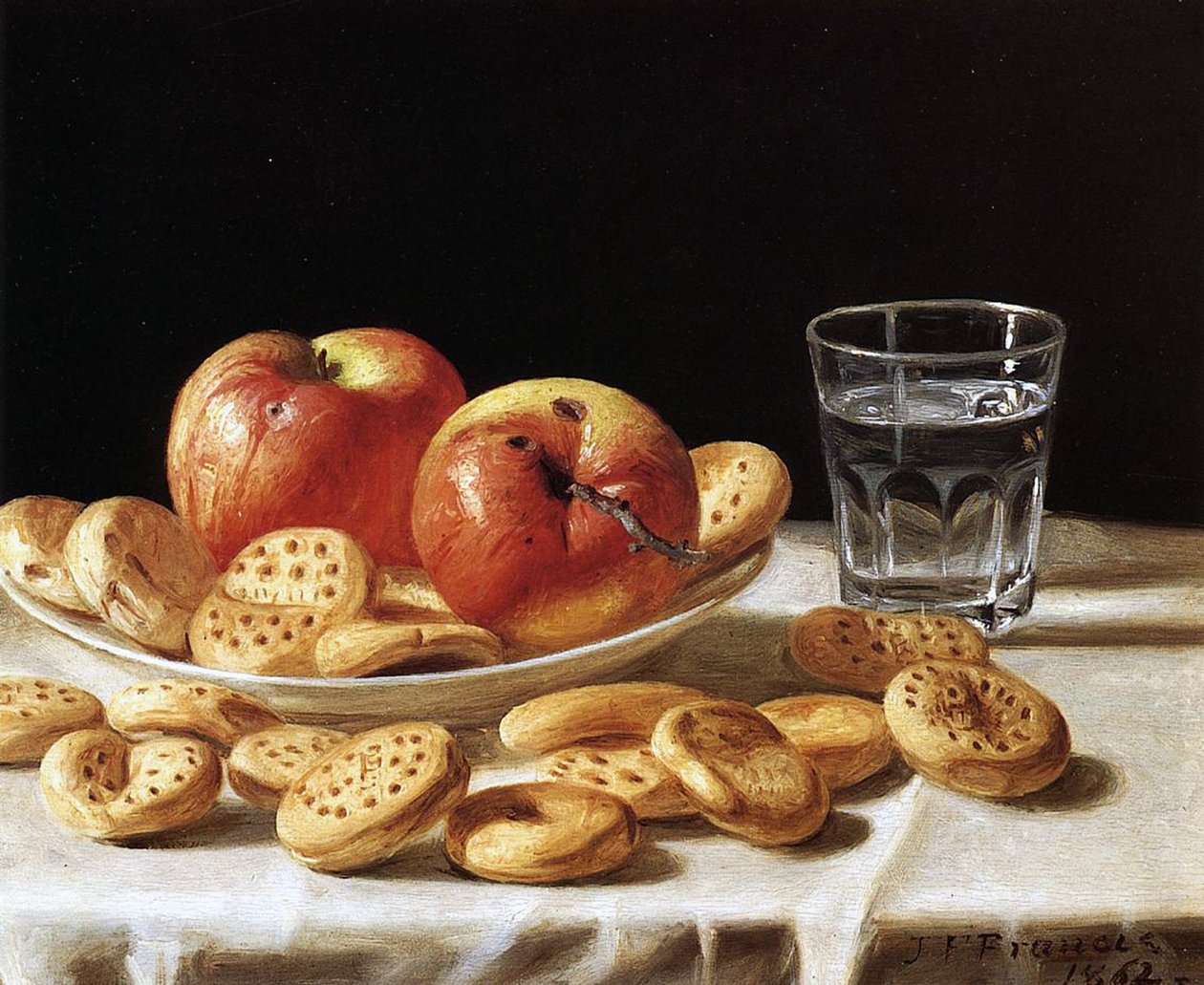 Stilleben med æbler og småkager, 1862 af John F. Francis