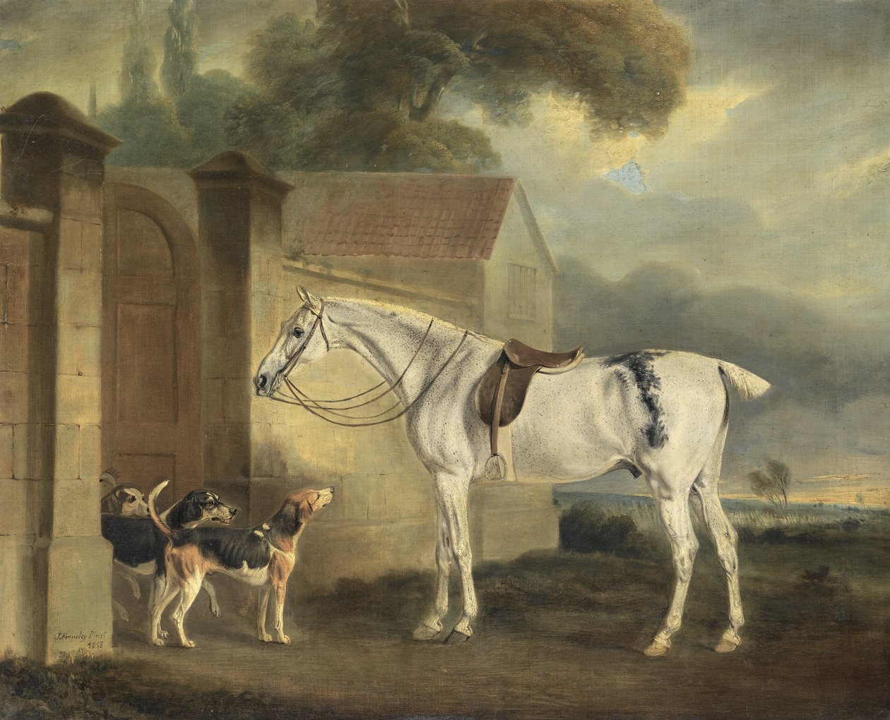 Lord Lonsdales Fleabitten Grey Hunter, Messing, på Cottesmore med Cottesmore Hounds af John Ferneley