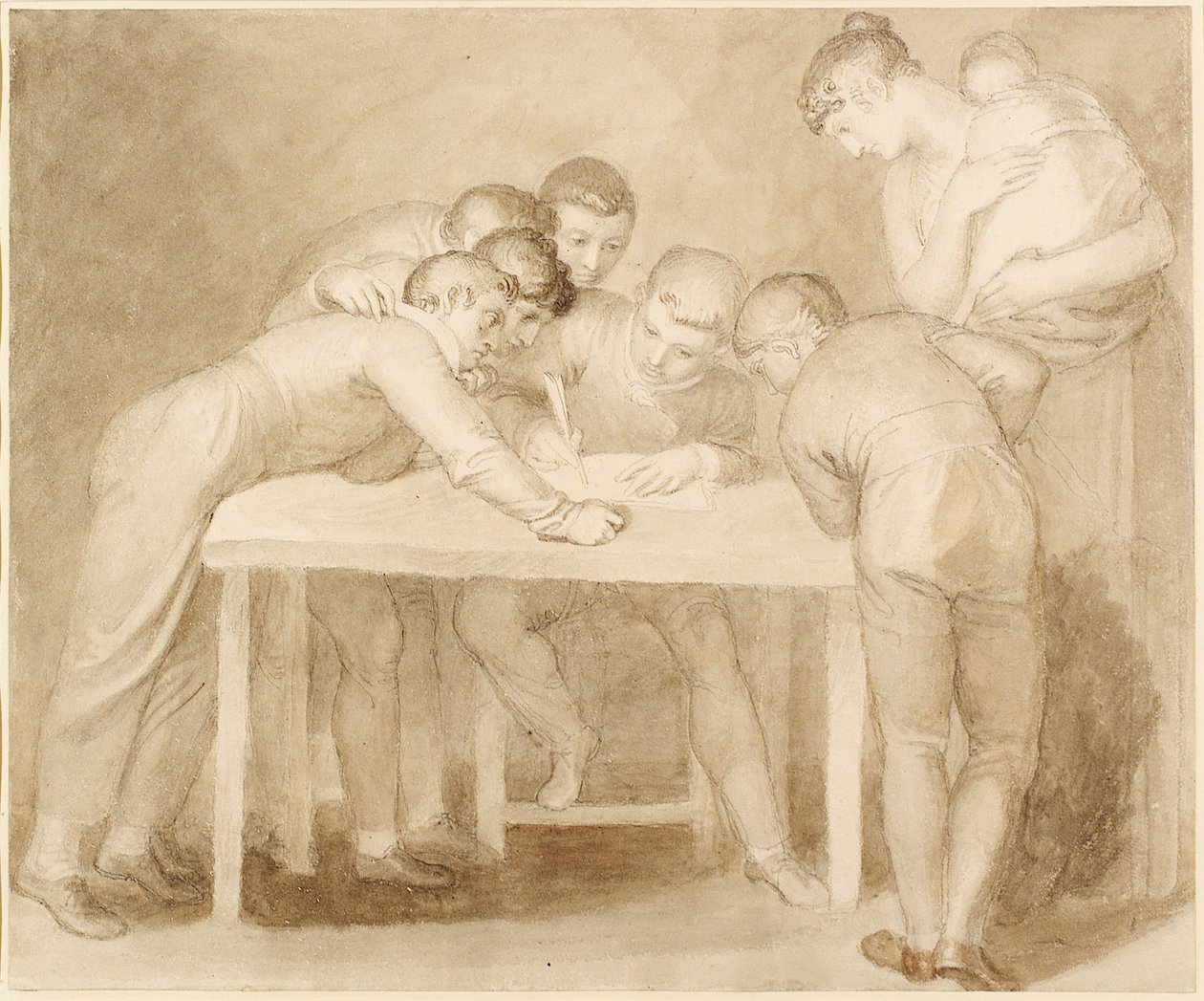 En indenlandsk gruppe (pen, blæk, blyant og vask) af John Flaxman