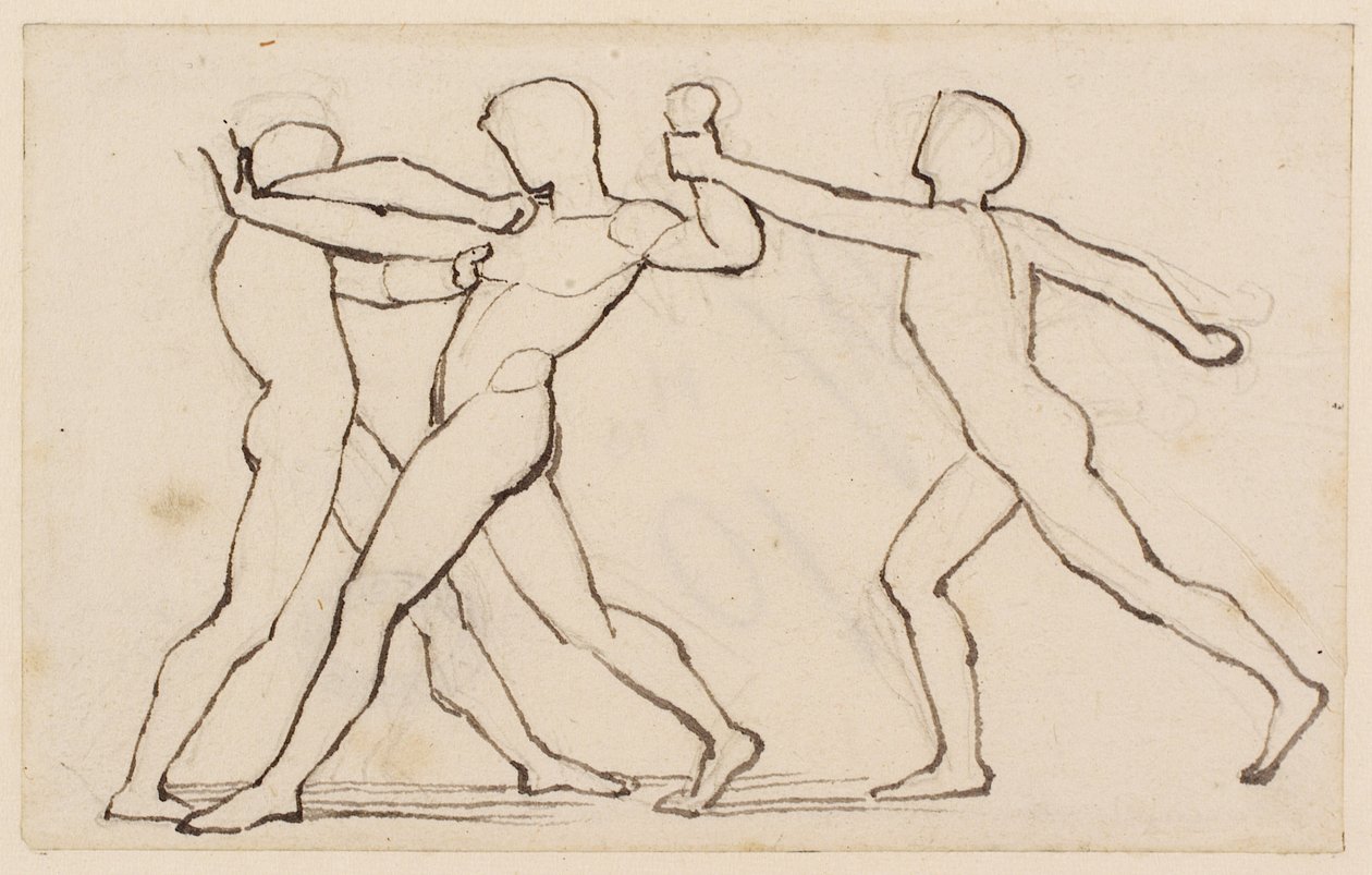 En gruppe af tre wrestlingfigurer (blyant, pen og blæk på papir) af John Flaxman
