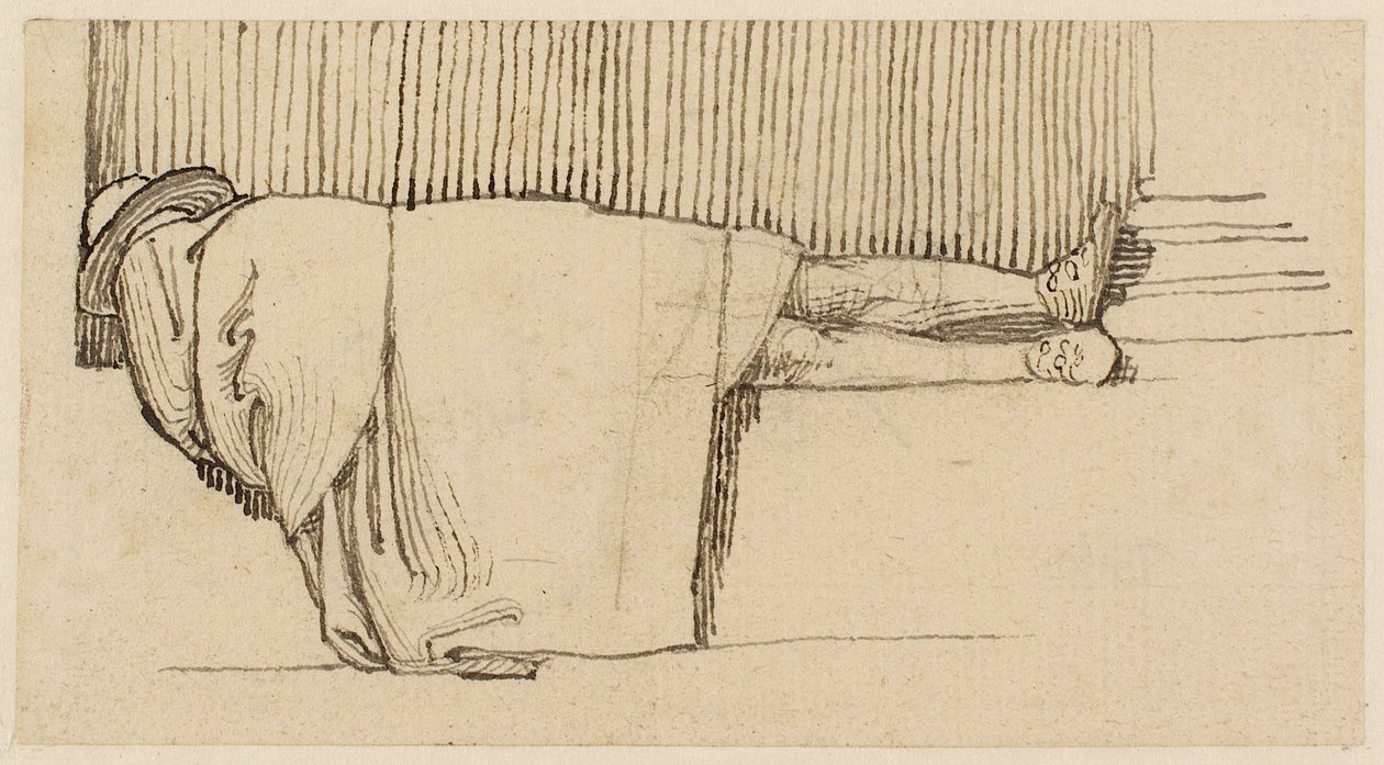 En mand i en kappe sover på sokkelen i en bygning (blyant, pen og blæk på papir) af John Flaxman