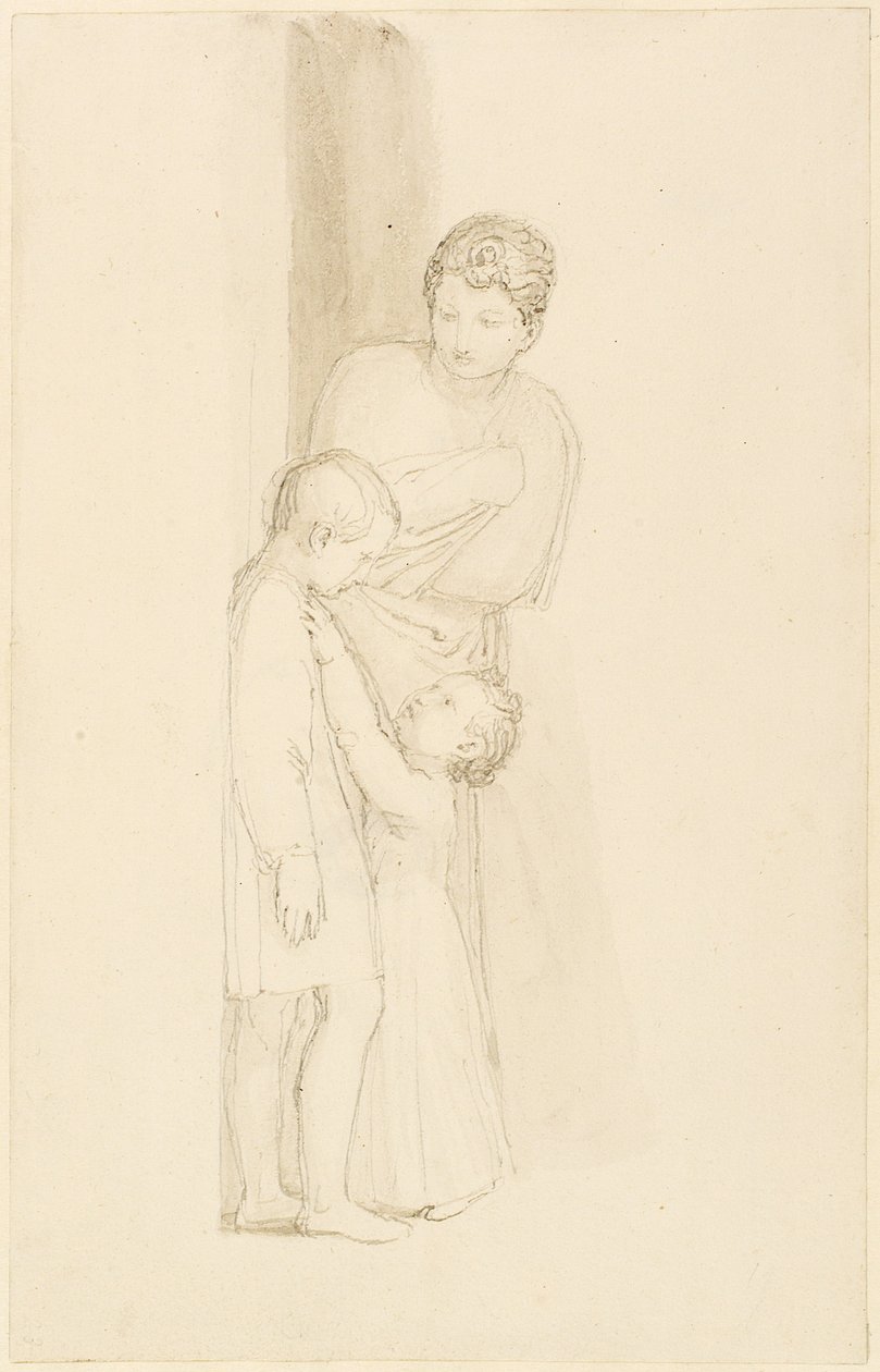 En kvinde, der står bag et lille barn (blyant, pen, blæk og vask på papir) af John Flaxman