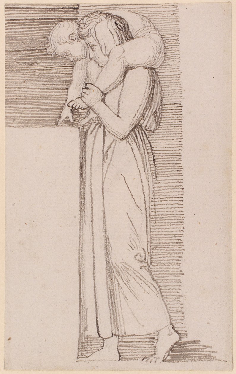 En kvinde med et nøgent barn på sin skulder, vendt mod venstre (blyant, kuglepen, blæk og vask på papir) af John Flaxman