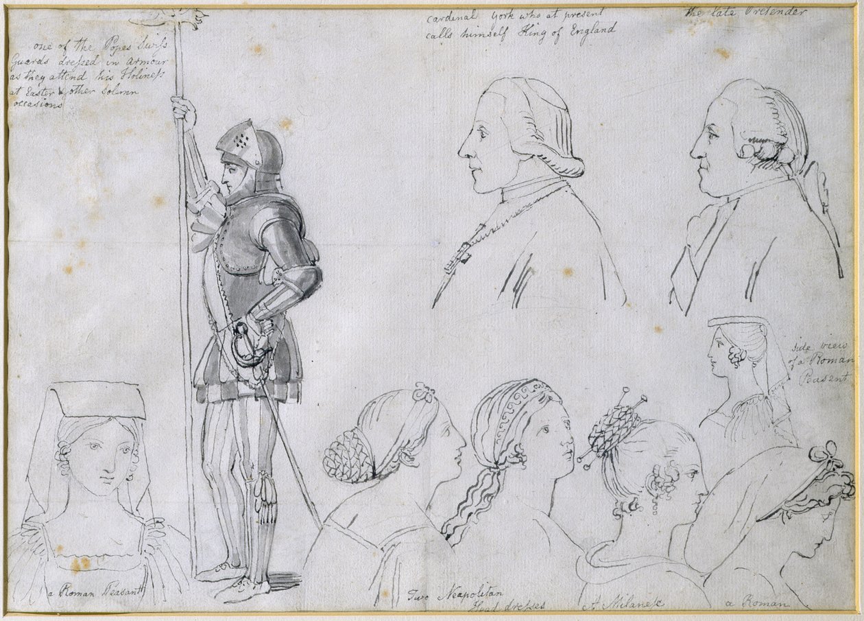 Karakterskitser i Rom med portrætter af prins Charles Edward Stuart (1720-88) og hans bror kardinal York (1725-1807) (pen og blæk på papir) af John Flaxman