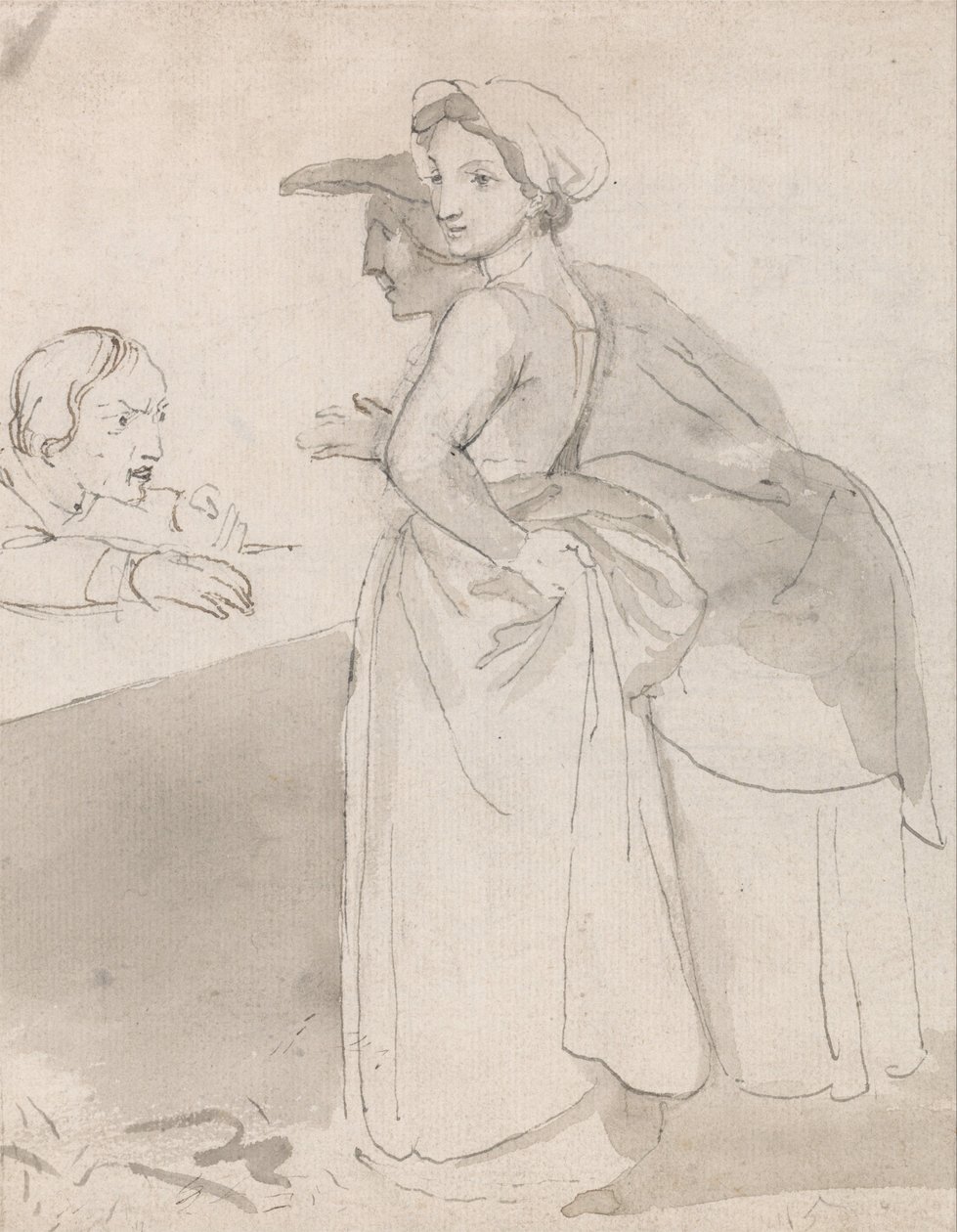 To kvinder, der taler til en mand ved en skranke af John Flaxman