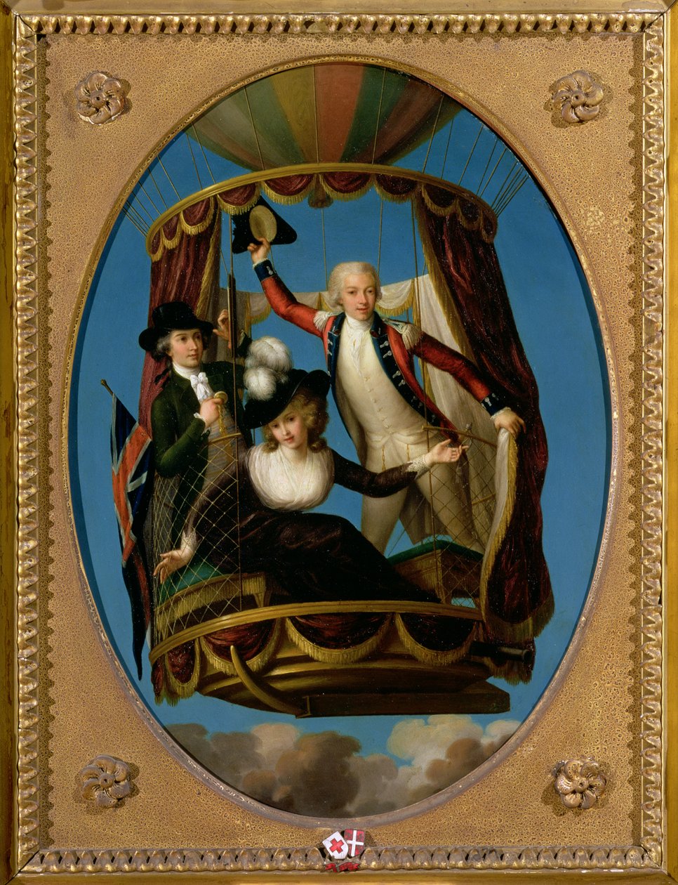 Kaptajn Vincenzo Lunardi med sin assistent George Biggin og fru Letitia Anne Sage, i en ballon, 1785 (olie på kobber) af John Francis Rigaud