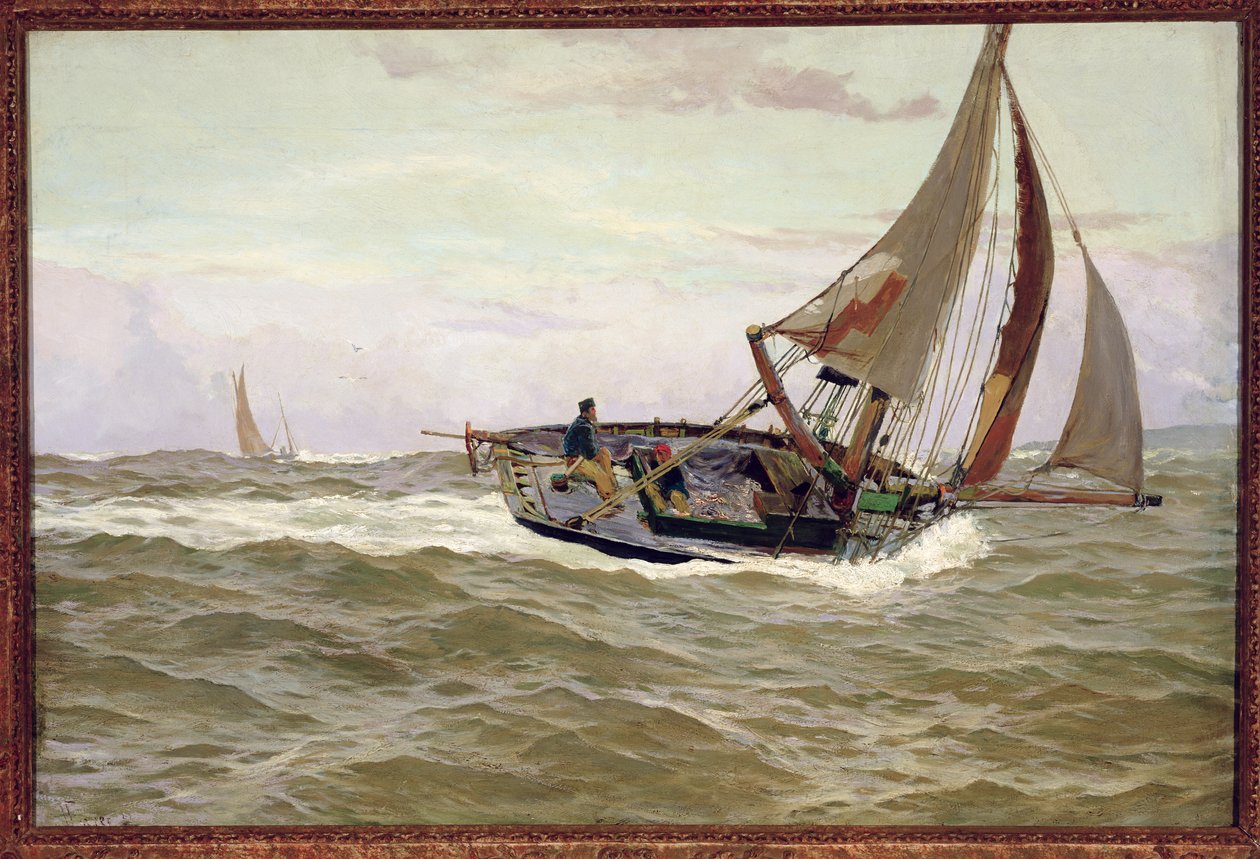 En fiskerbåd i en stiv brise af John Fraser