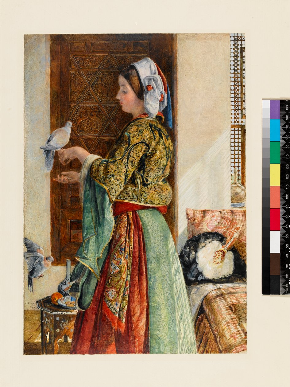 Pige med to burduer, Cairo, 1864 (wc og kropsfarve over blyant på tyndt kort) af John Frederick Lewis