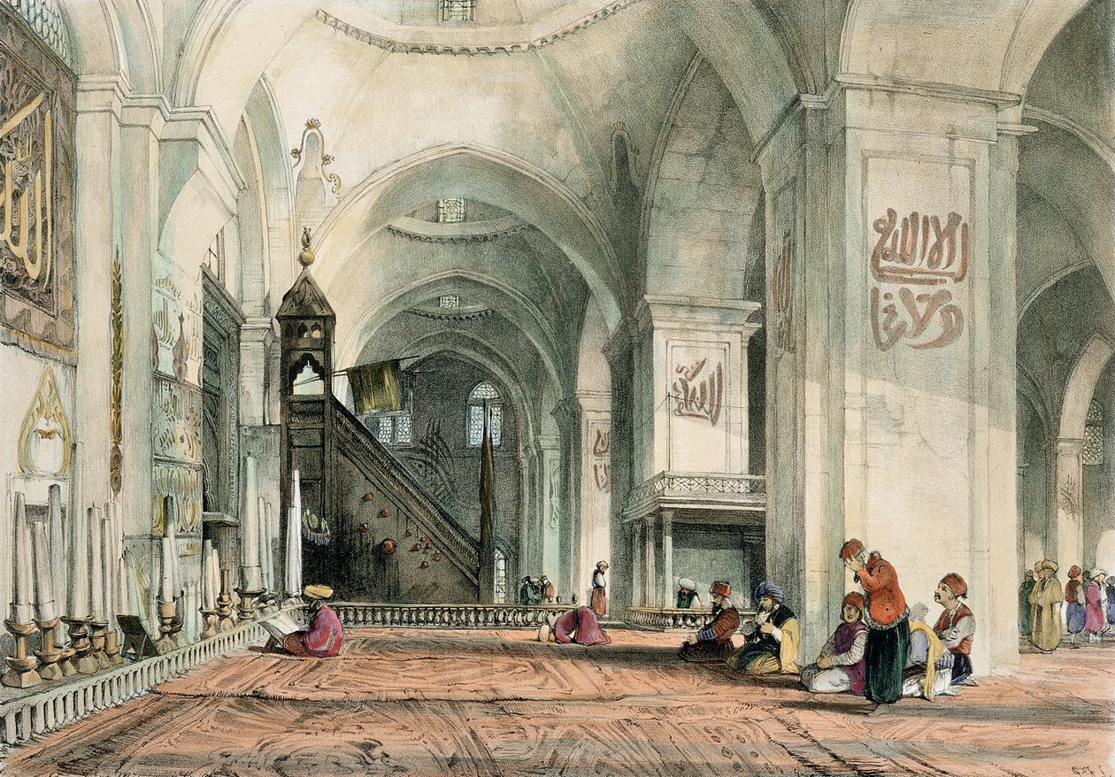 Den store moské i Brussa, planche 24 fra "Illustrations of Constantinople", graveret af kunstneren, pub. 1838 af John Frederick Lewis