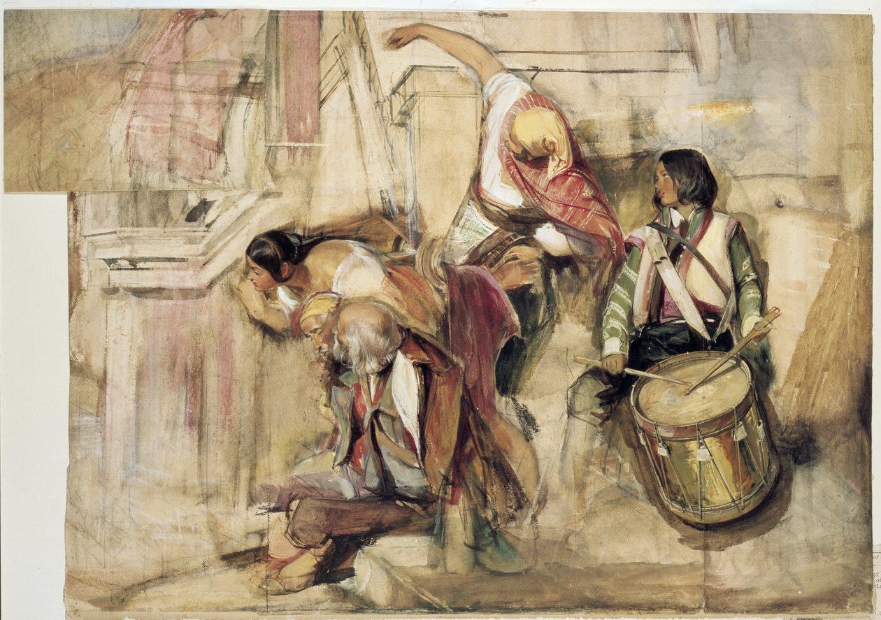 Studie til proklamationen af Don Carlos (akvarel og kropsfarve over grafit, på papir med to ark tilføjet) af John Frederick Lewis