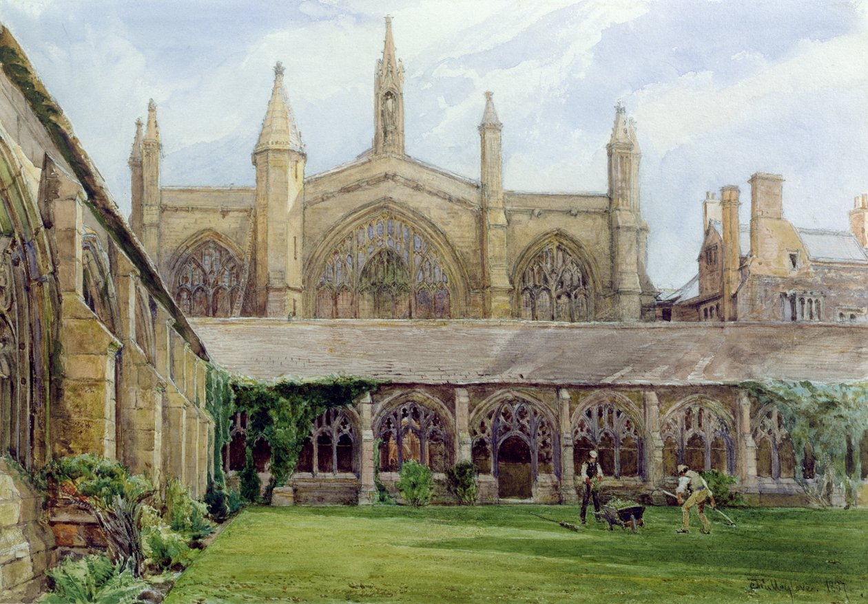New College cloisters with gardener, 1887 (blyant og wc på papir) af John Fulleylove