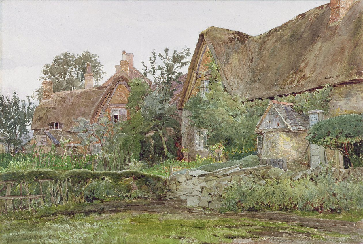 Stråtækte hytter og hyttehaver, 1881 (wc og grafit på papir) af John Fulleylove
