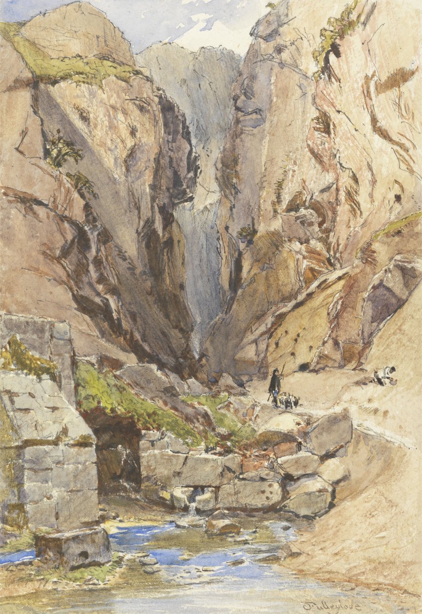 The Castalian Spring, Delphi, ca. 1895 (wc og grafit på papir) af John Fulleylove
